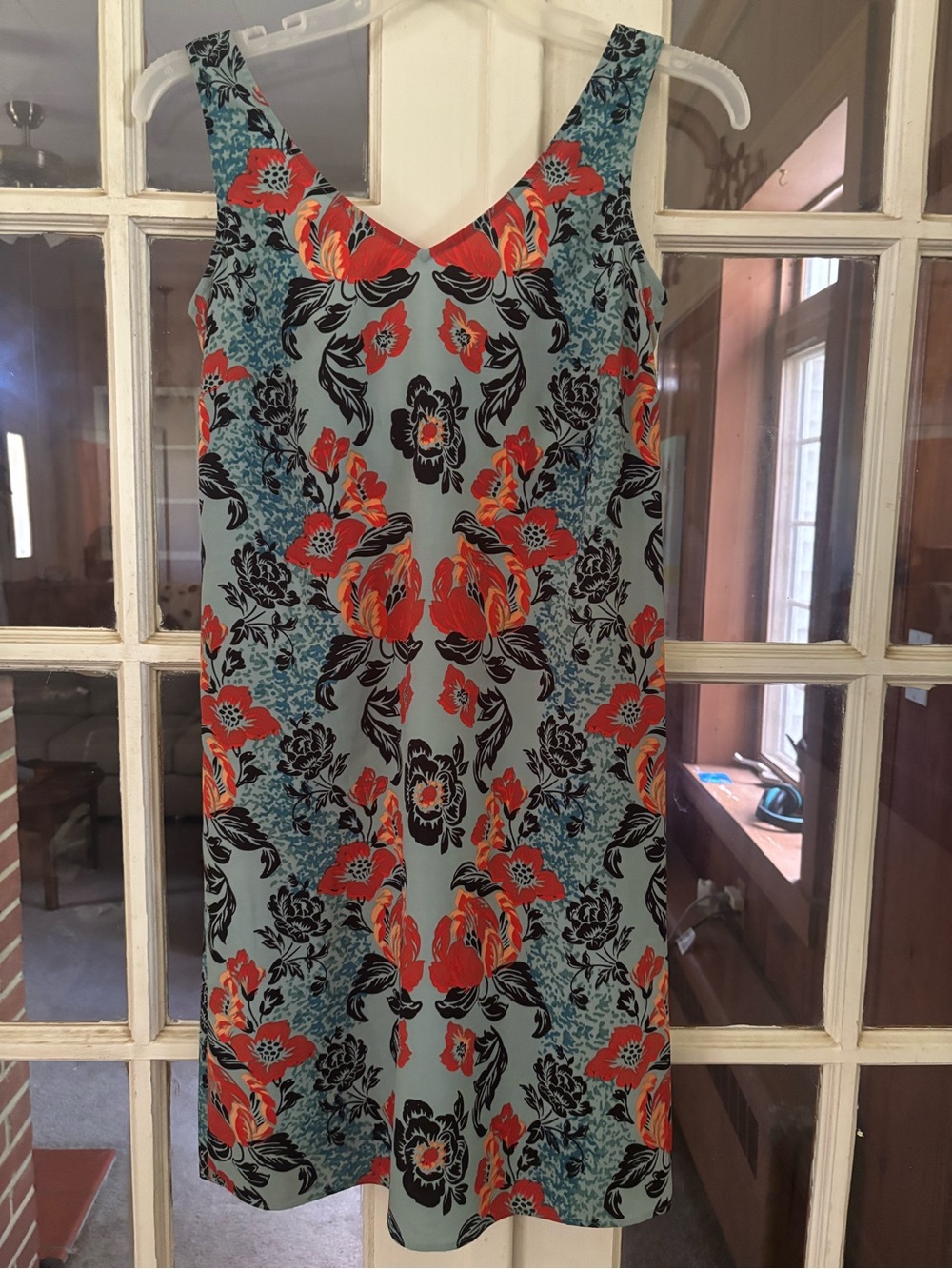 Cabi Sleeveless Midi Dress with Red Floral Print on Light Blue